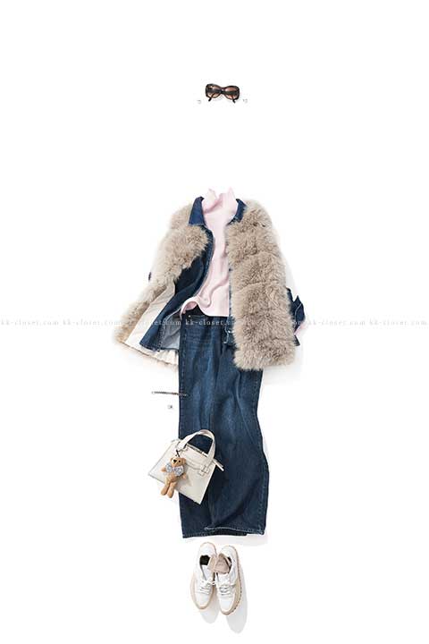 デニム×ファーと、+シェルピンク